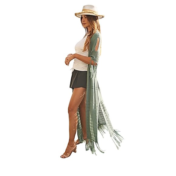 Blue Sage Cold Shoulder Long Fringed Bohemian Cardigan Duster Kimono DWJ8 - Picture 5 of 7